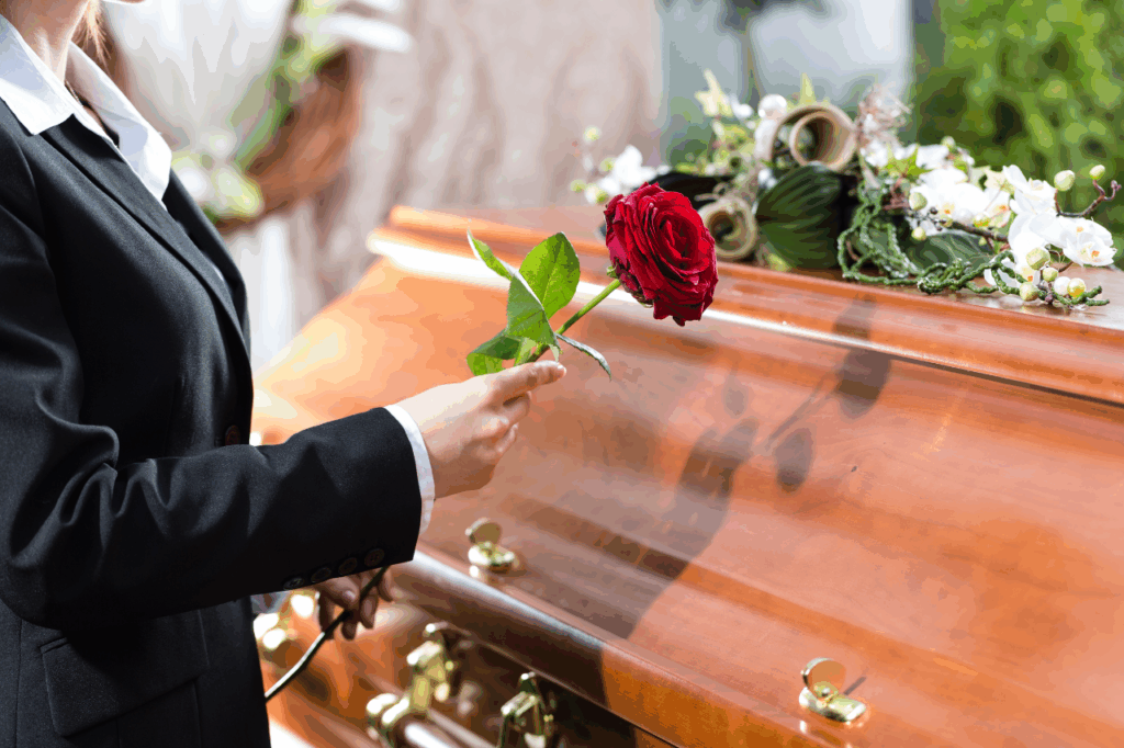 Osoba w czarnym, żałobnym stroju trzymająca czerwoną różę nad drewnianą trumną z kwiatami. Profesjonalna organizacja pogrzebu i ceremonii pożegnalnych