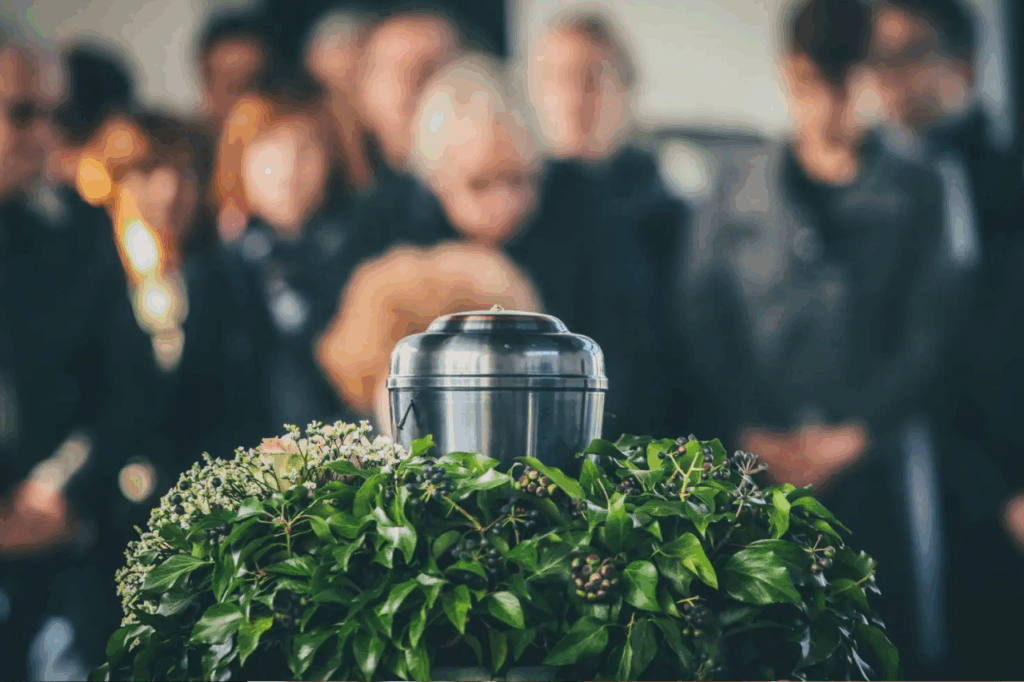 Metalowa urna z prochami ozdobiona zielonymi liśćmi i drobnymi kwiatami podczas ceremonii żałobnej. W tle widać rozmytą grupę uczestników pogrzebu. Wybór między kremacją a tradycyjnym pochówkiem.