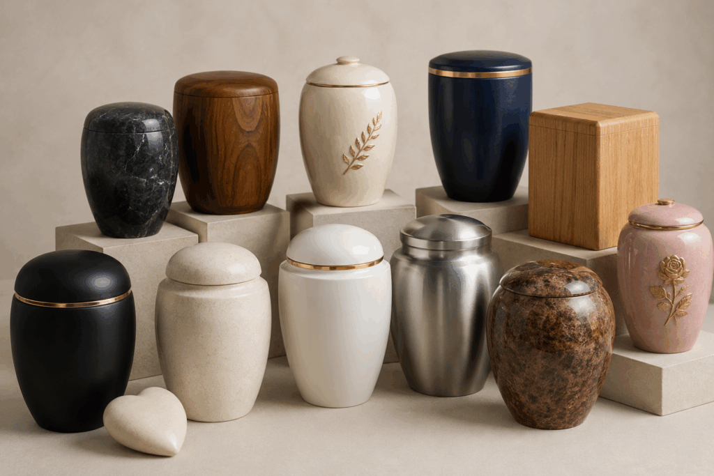 różne rodzaje urn pogrzebowych ustawione na neutralnym tle, w tym urny drewniane, ceramiczne, metalowe i kamienne, pokazujące wybór modeli oraz materiały wpływające na to, ile kosztuje urna