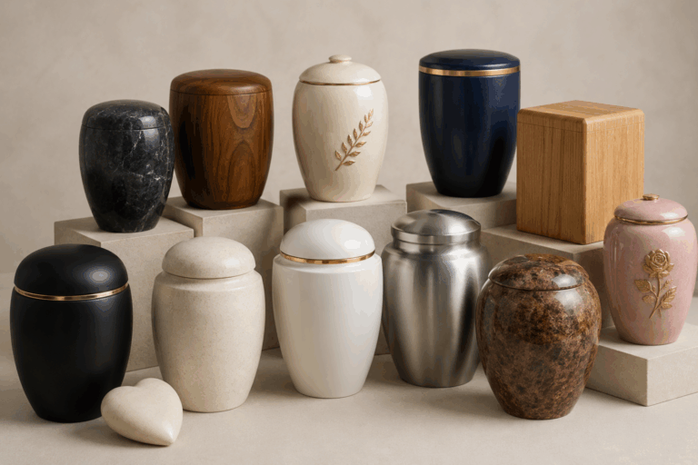 różne rodzaje urn pogrzebowych ustawione na neutralnym tle, w tym urny drewniane, ceramiczne, metalowe i kamienne, pokazujące wybór modeli oraz materiały wpływające na to, ile kosztuje urna